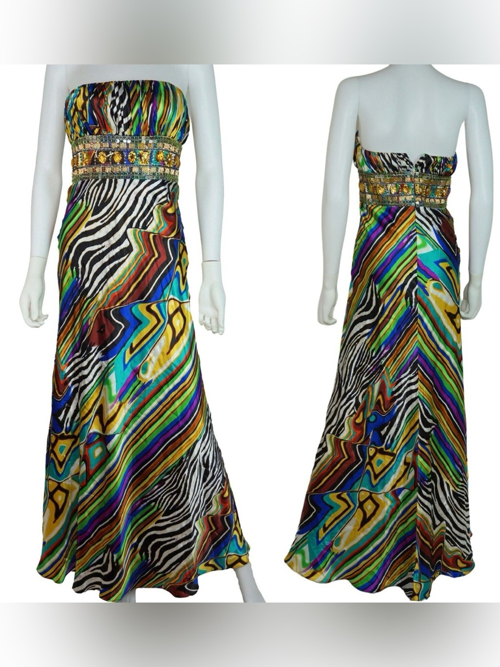 Cache Liquid Satin Formal Prom Dress Zebra Multicolored  Beaded Women's 12